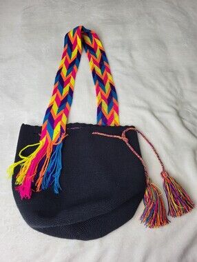 Wayuu Handmade Black Woven Shoulder Bucket Bag with Multicolor Strap